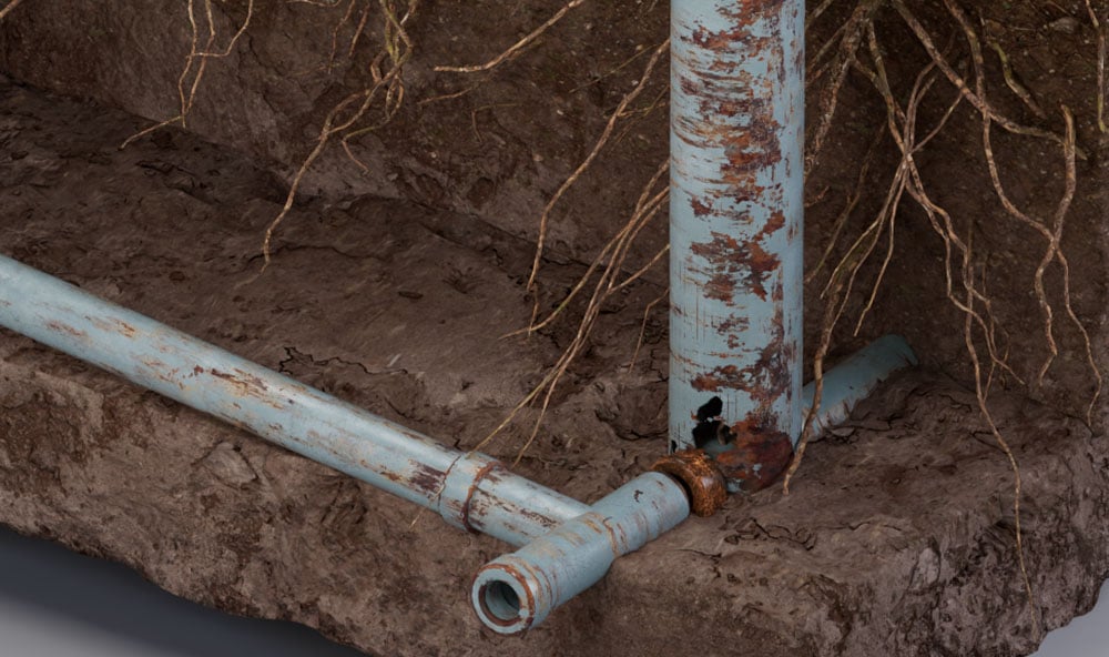 Zdjęcie 3D przedstawiające nieszczelny system kanalizacyjny w ziemi oraz korzenie drzew, które spowodowały osiadanie budynku.